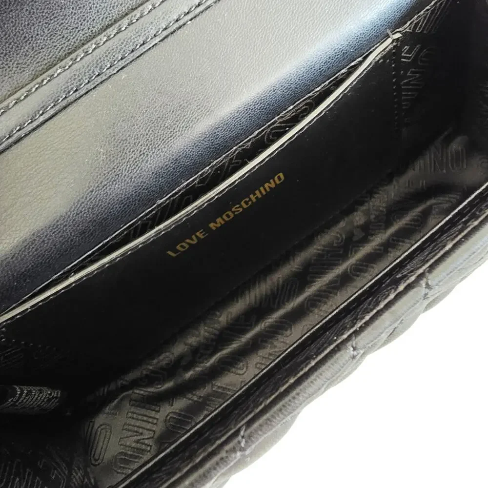 Love Moschino Black & Gold Quilted Faux Leather Clutch Crossbody Bag Chain Strap